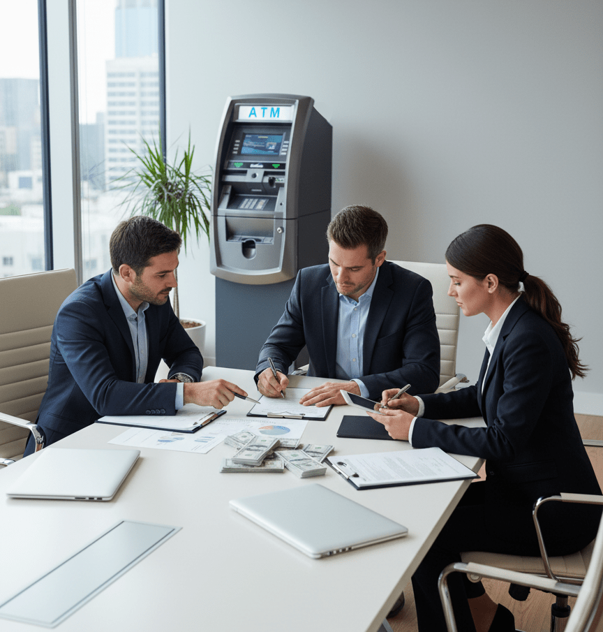 Acquisition team reviewing funded ATM portfolio transaction documents