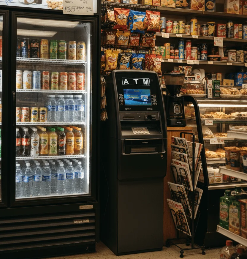 Bodega counter with an in‑store ATM and customers checking out