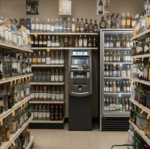 Liquor store entrance with ATM Inside decal to attract walk‑in traffic