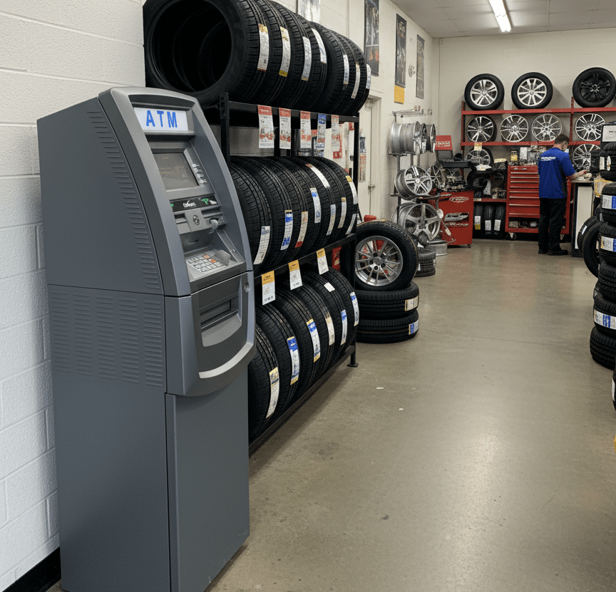 ATM inside store with tires