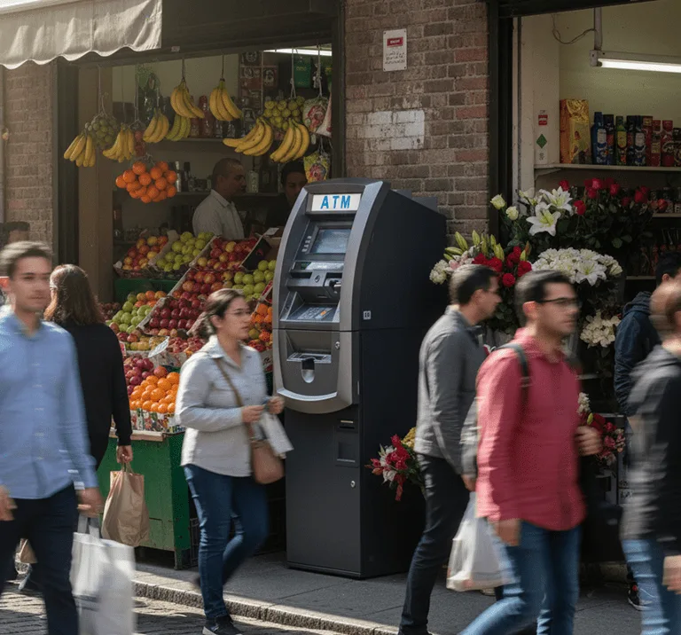 Grocery market interior with an in‑store ATM near the entrance